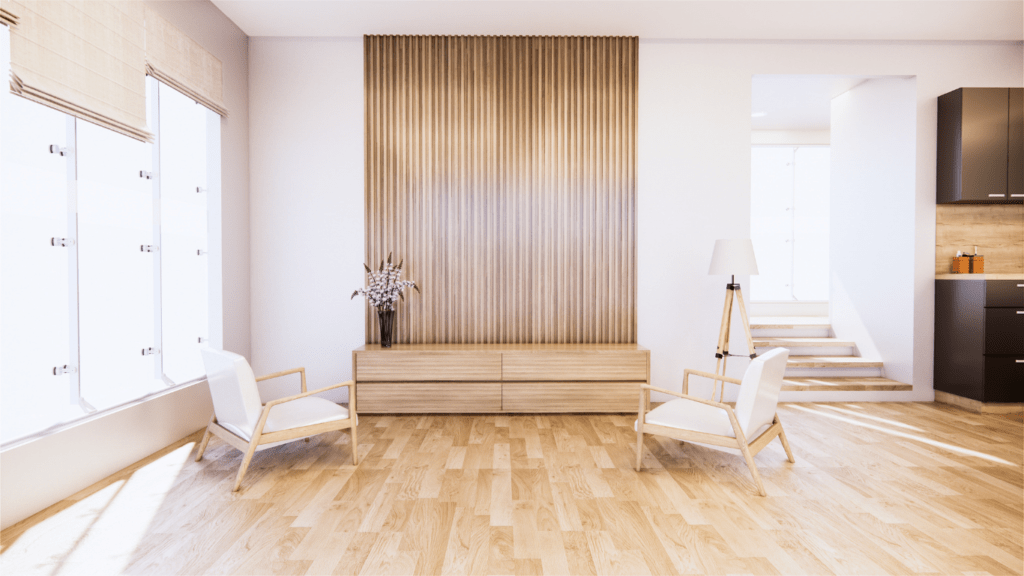 a modern living room with blue walls and white floors