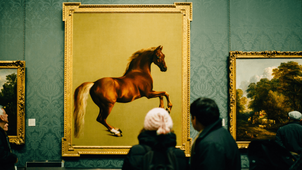 a person looking at paintings in an art museum