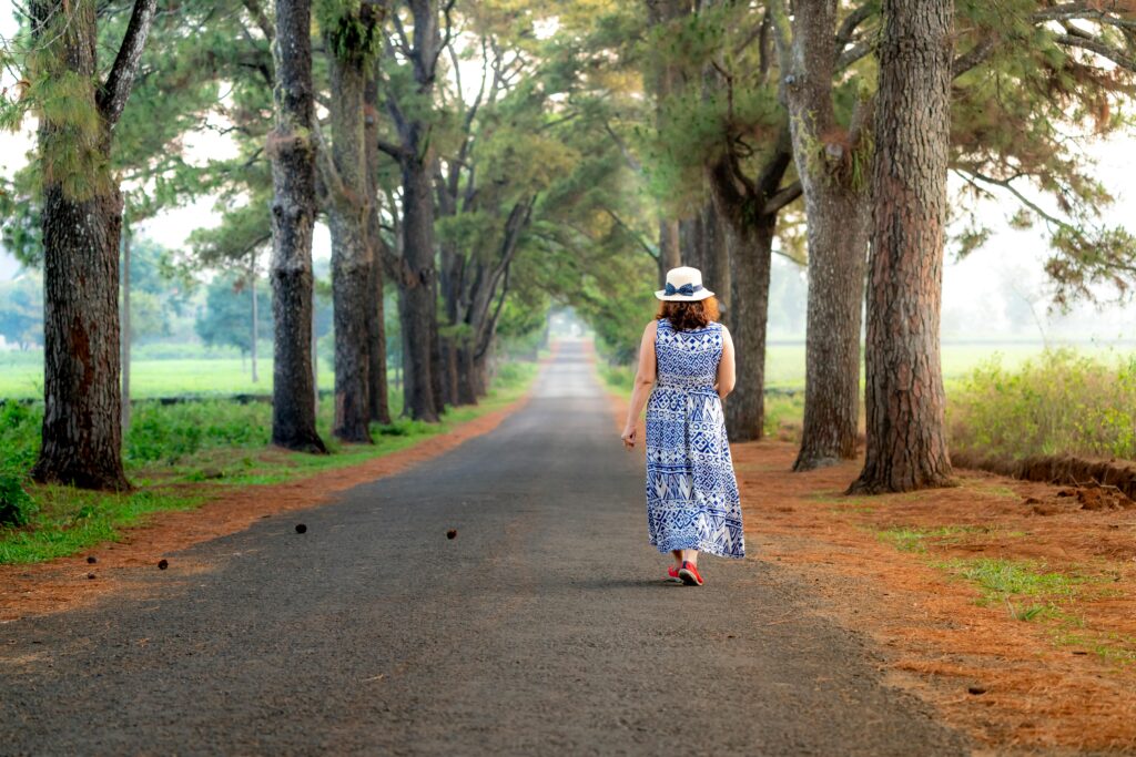 A woman in a blue dress walks down a tree-lined path surrounded by lush greenery.